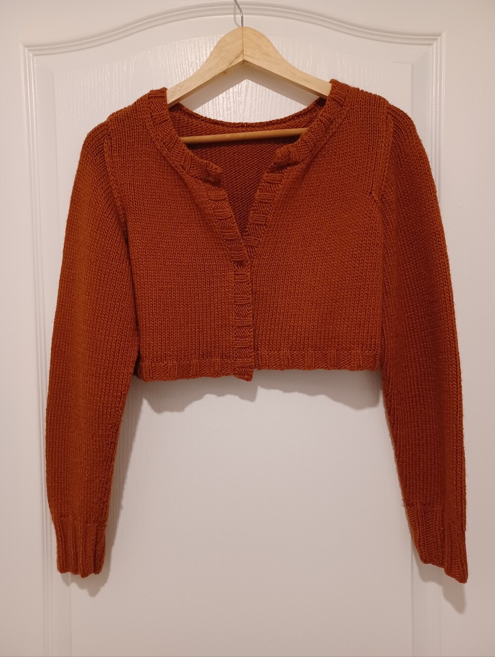 Hand Knit Cropped Rust Coloured Cardigan